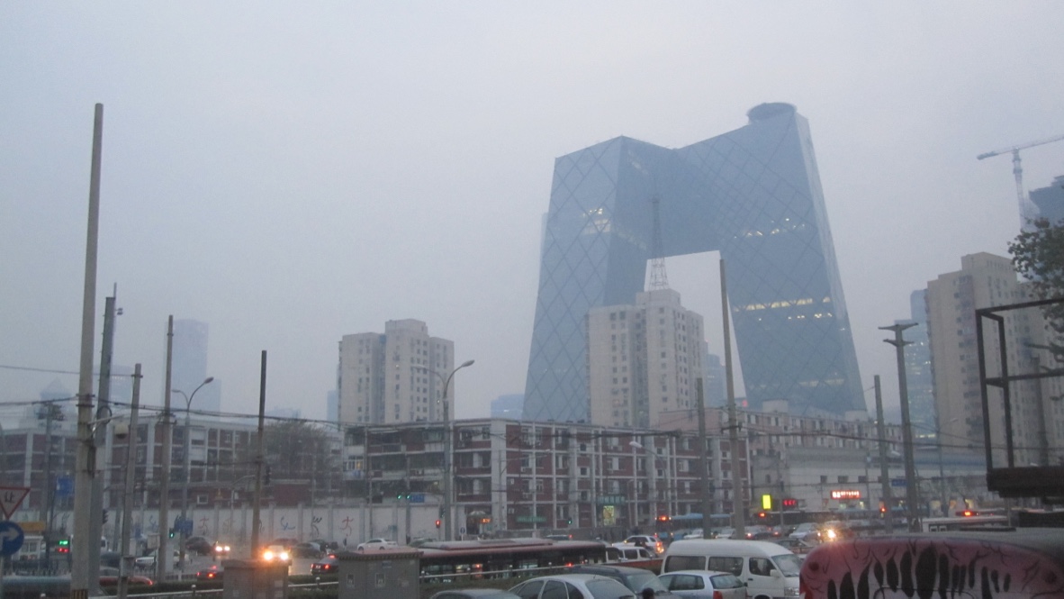 The Chinesse State Television building which resembles a block liked twisted bridge.