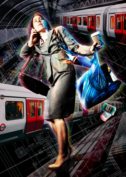 The same woman in front of tube trains running in two directions, cans of beans fall from her bag.