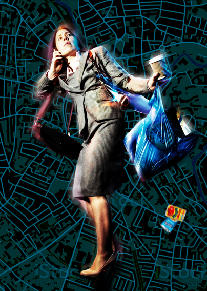 The woman in front of a blue stylised map