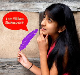 A girl in front of a sign saying I Am William Shakespeare